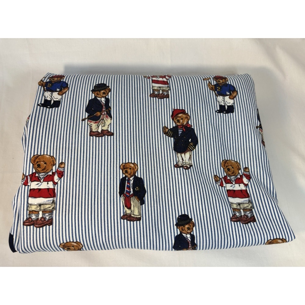 Vintage Ralph Lauren Queen Fitted Sheet Blue/White Stripe Polo Teddy Bear USA